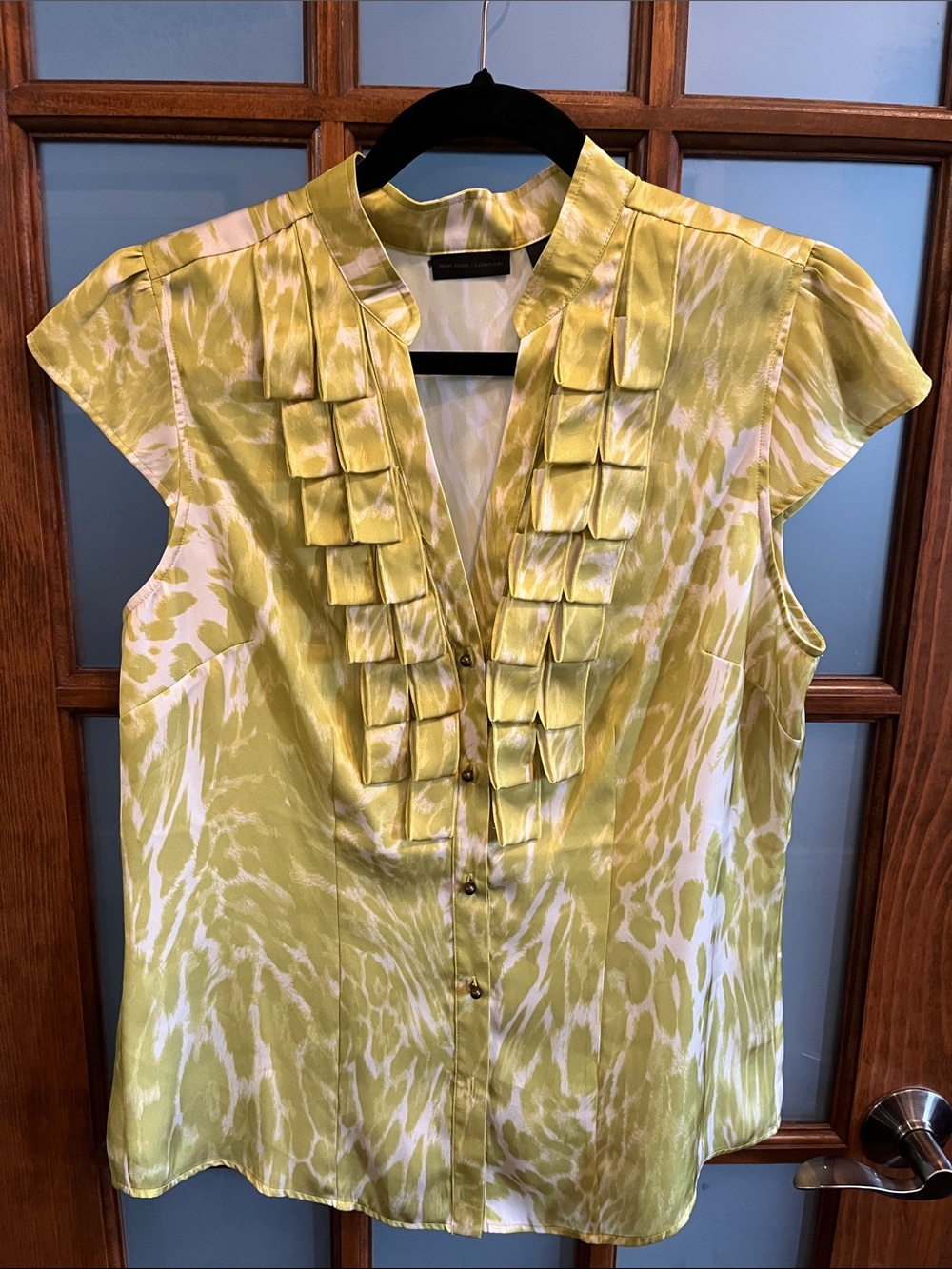 New York & Company Lime Green and White Ruffle Front Cap-Sleeve Blouse